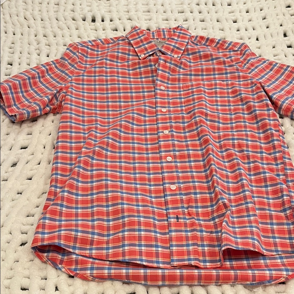 L.L. Bean Men's Vibrant Red and Blue Checkered Shirt